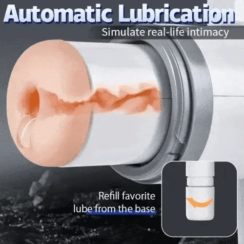 Hands-free male masturbation toy with automatic lubrication feature, simulating real-life intimacy, and refillable from the base with favorite lube.