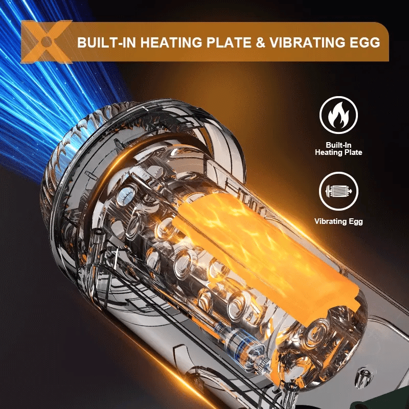 Close-up of hands-free masturbator showing built-in heating plate and vibrating egg for enhanced pleasure.