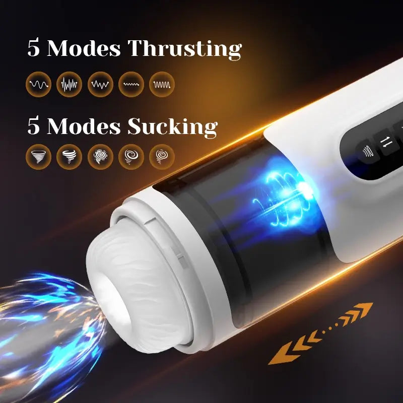 Hands-free masturbator with 5 thrusting and 5 sucking modes.