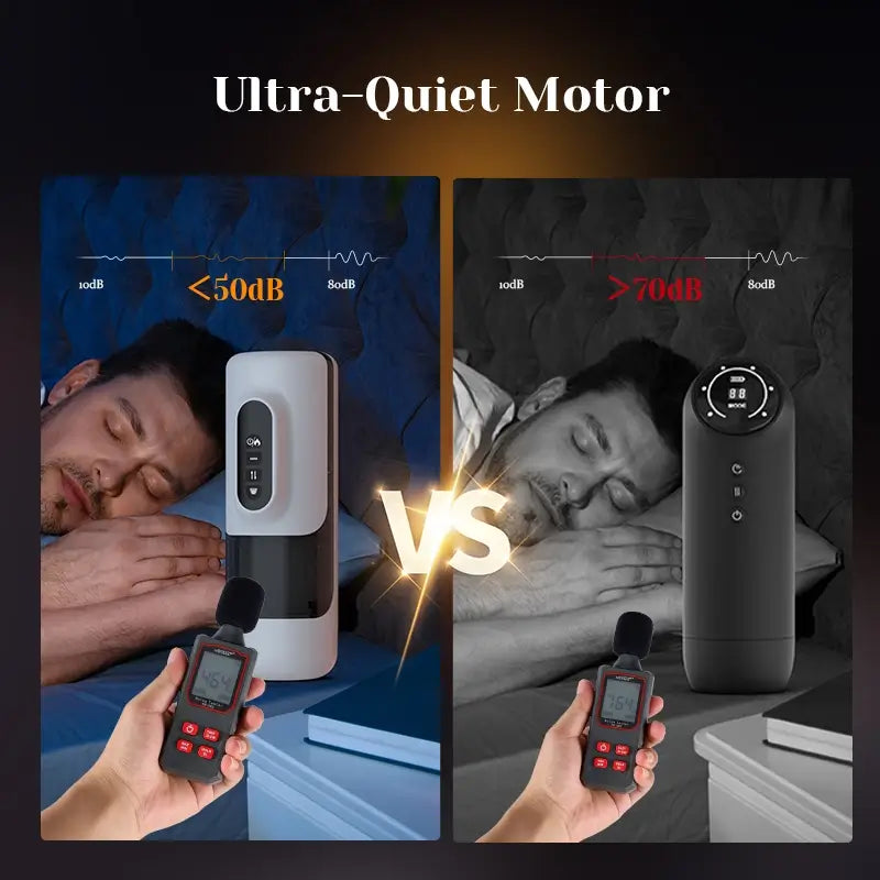 Comparison of ultra-quiet motor in hands-free masturbator vs. louder models, with noise level measurements.