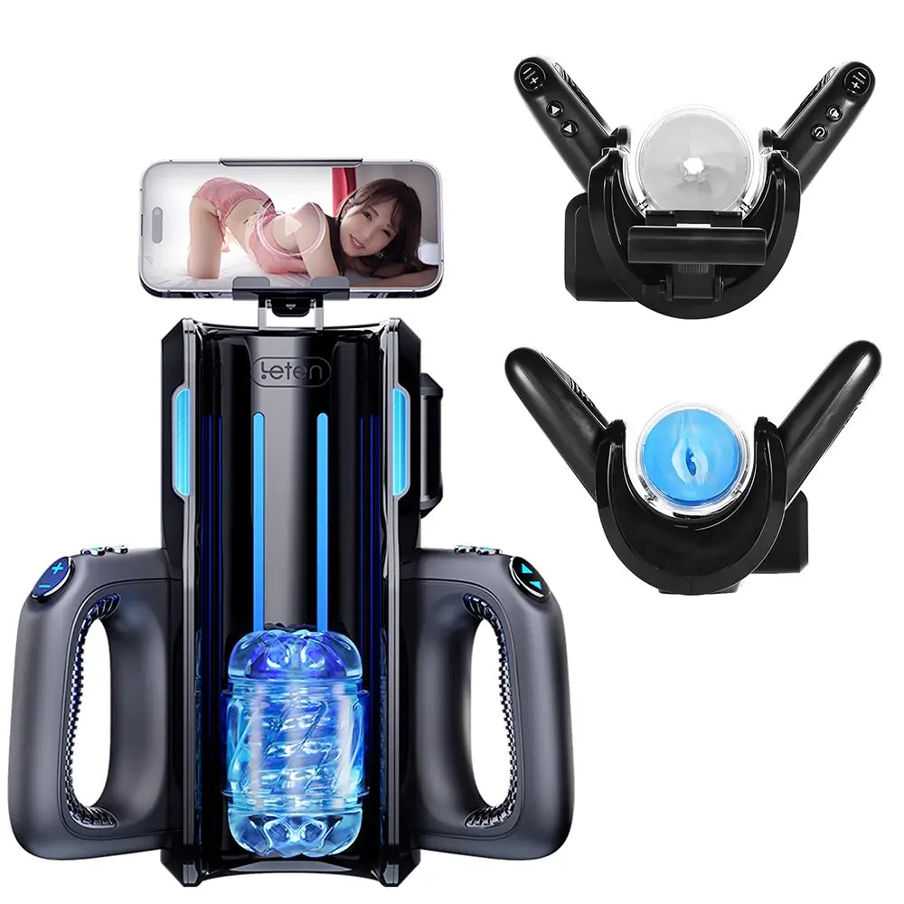 Leten Cannon King male masturbator with phone holder and two interchangeable soft sleeves in clear and blue for versatile stimulation