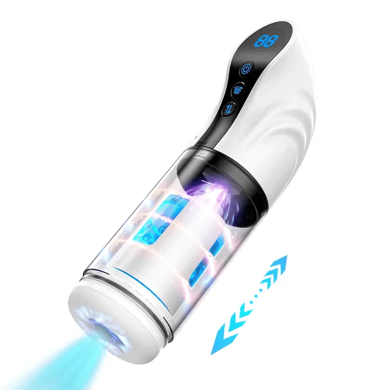 Powerful suction function of the auto rotating blowjob masturbator with blue LED effects