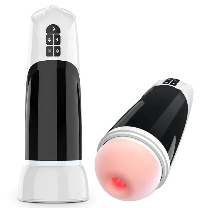 Hands-free masturbator showing front and back views with realistic entry.