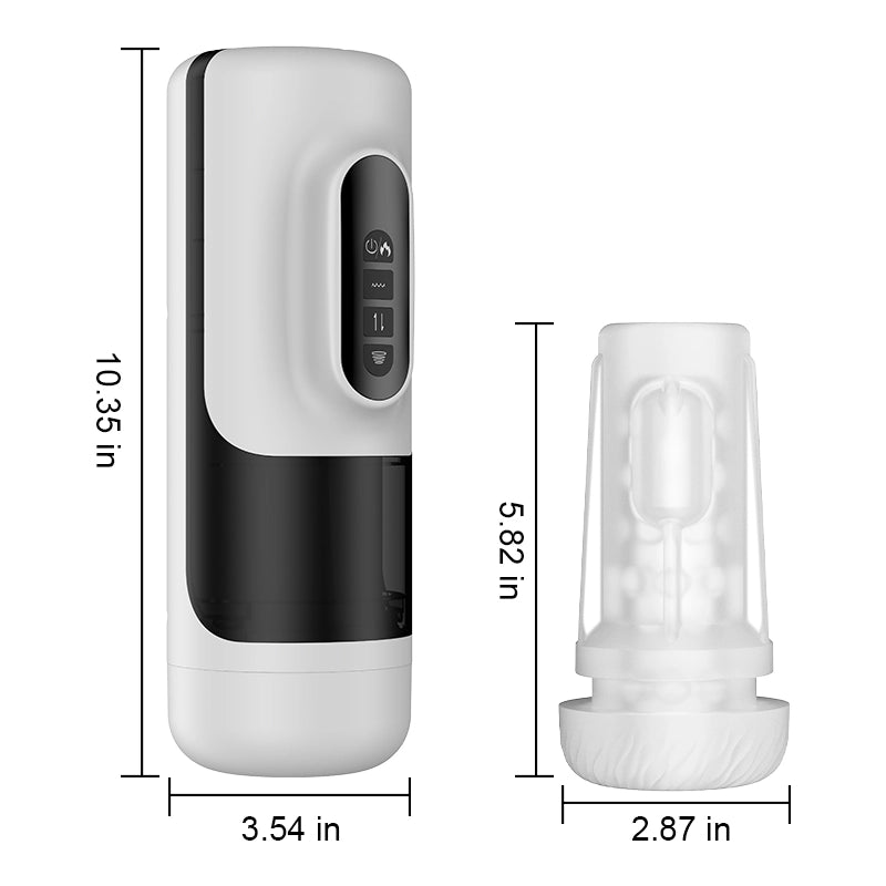 Hands-free masturbator with size comparison showing 10.35 in height and 5.82 in sleeve length.