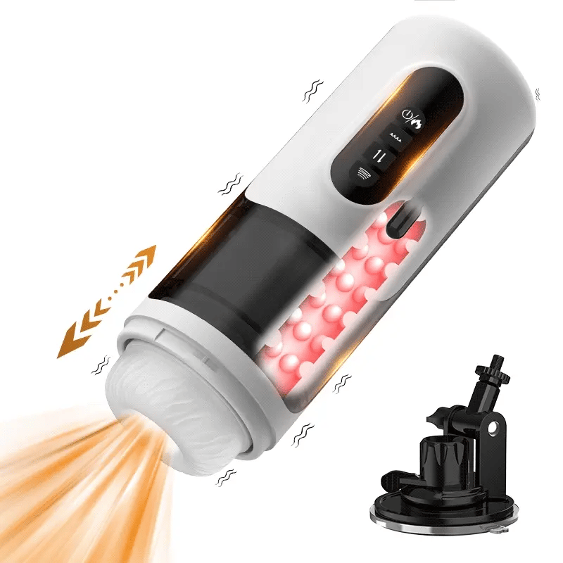 Hands-free masturbator with suction cup and vibrating feature.