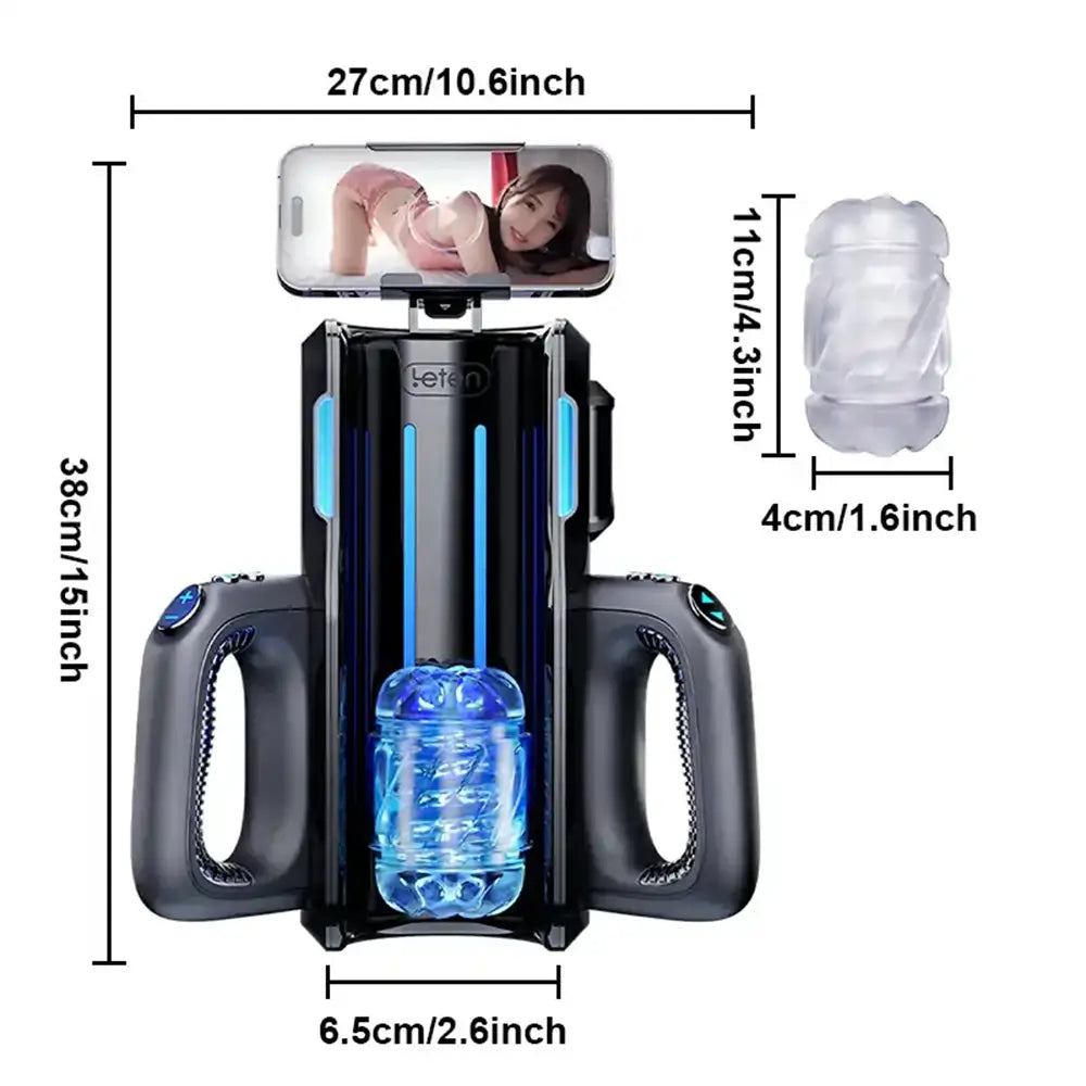 Leten Cannon King Pro dimensions with phone holder, 15-inch height and 10.6-inch width, showing the clear textured sleeve with size details