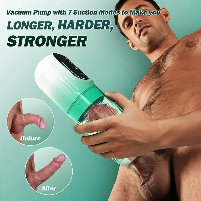 Vacuum pump with 7 suction modes to enhance pleasure, showing before and after effects for improved size and strength.